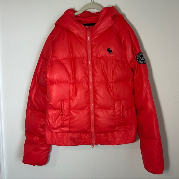 Abercrombie Fitch Kids Puffer Jacket Large Orange Hoodie Full Zip - Picture 1 of 10